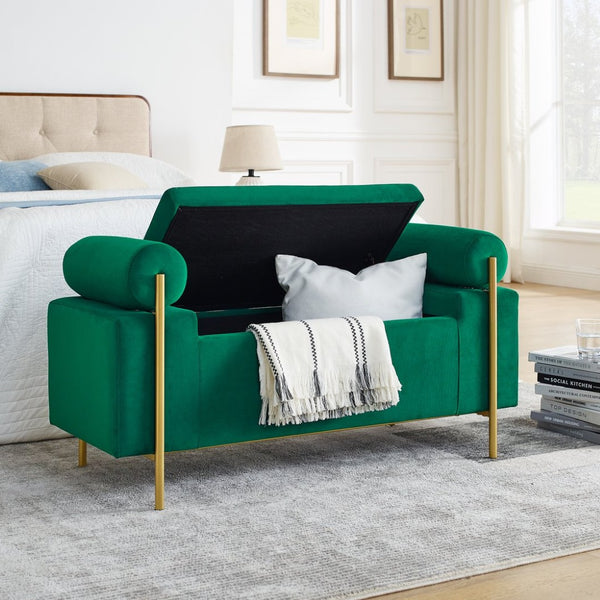 English Elm Elegant Linen Upholstered Storage Bench with Rolled Arms and Gold Iron Legs Green W487128012