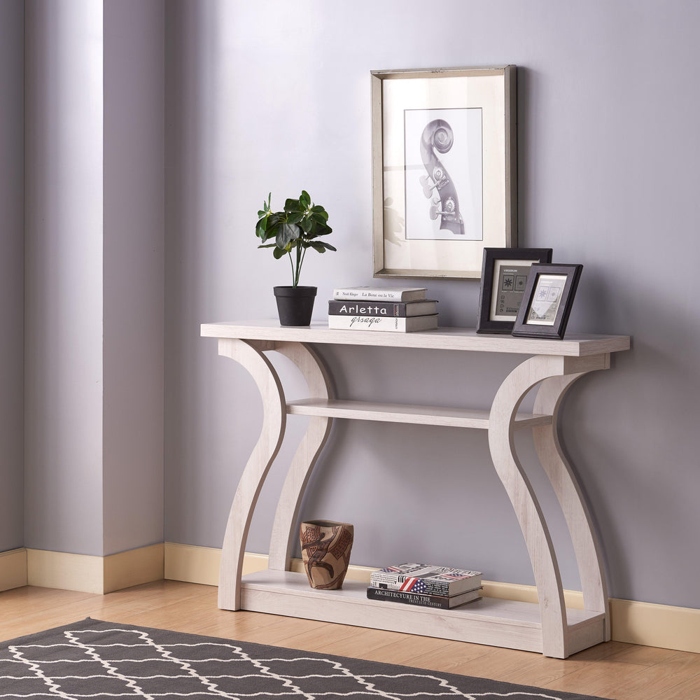 English Elm Entryway Wood-Carved Console Table with Curvy Legs, 2 Shelves & Thick Top in White Oak Finish B107P293586