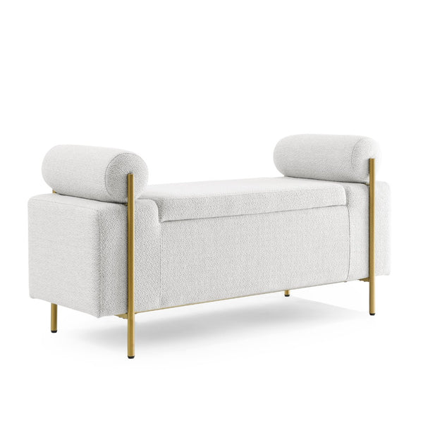 English Elm Elegant Linen Upholstered Storage Bench with Rolled Arms and Gold Iron Legs White W487128010