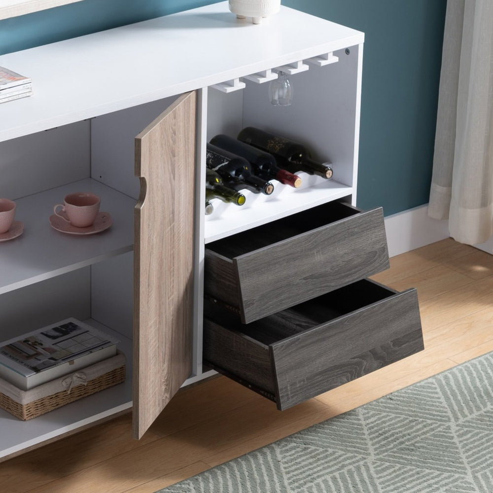 English Elm Bar Cabinet with Wine Bottle and Glass Storage in White Oak for Modern Dining Spaces B107130964