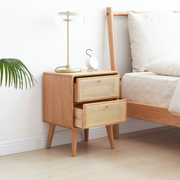 English Elm Pure Solid Red Oak Nightstand with Rattan Drawer and Raised Legs for Bedroom W1283121839