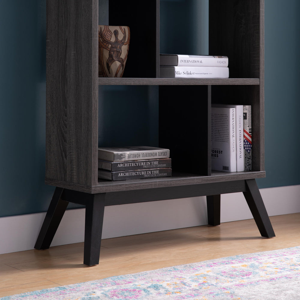 English Elm Mid-Century 4-Tier Bookcase Distressed Gray Wood Display Shelf with Dividers—Stylish Storage & Decor Organizer B107131295
