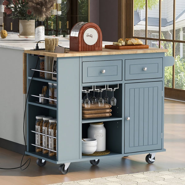English Elm Kitchen Island Cart with Drop Leaf Power Outlet Rubberwood Top Wine Rack Rolling Blue WF305556AAG
