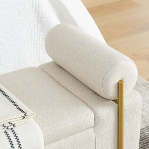 English Elm Elegant Linen Upholstered Storage Bench with Rolled Arms and Gold Iron Legs Beige W487128011