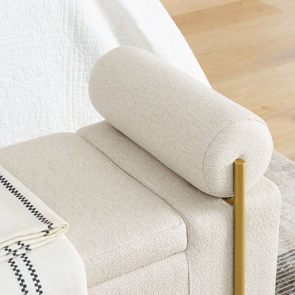 English Elm Elegant Linen Upholstered Storage Bench with Rolled Arms and Gold Iron Legs Beige W487128011