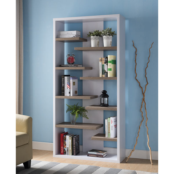 English Elm Modern Mid Century Display Cabinet with 8 Open Shelves, Two-Tone White & Dark Taupe, Stylish Storage and Decor Showcase B107P373711