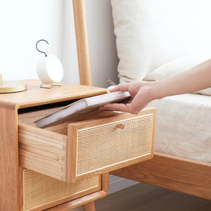 English Elm Pure Solid Red Oak Nightstand with Rattan Drawer and Raised Legs for Bedroom W1283121839