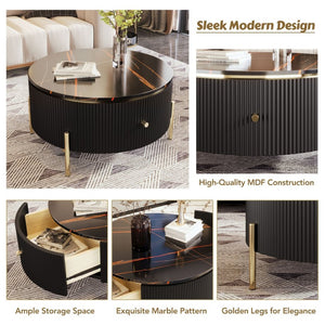 English Elm Modern Marble Pattern Round Coffee Table with Gold Legs and Two Storage Drawers WF311606AAB
