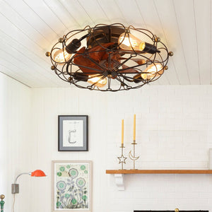 English Elm Low Profile Industrial Cage Ceiling Fan with Remote Seven Blades and Integrated Light W1340120487