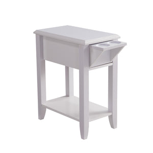 English Elm White Modern Chairside Table with Extendable Drawer & Dual Cup Holders, Bottom Shelf Accent Piece B107131291