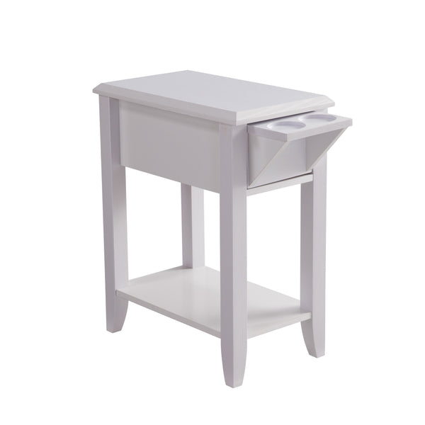 English Elm White Modern Chairside Table with Extendable Drawer & Dual Cup Holders, Bottom Shelf Accent Piece B107131291
