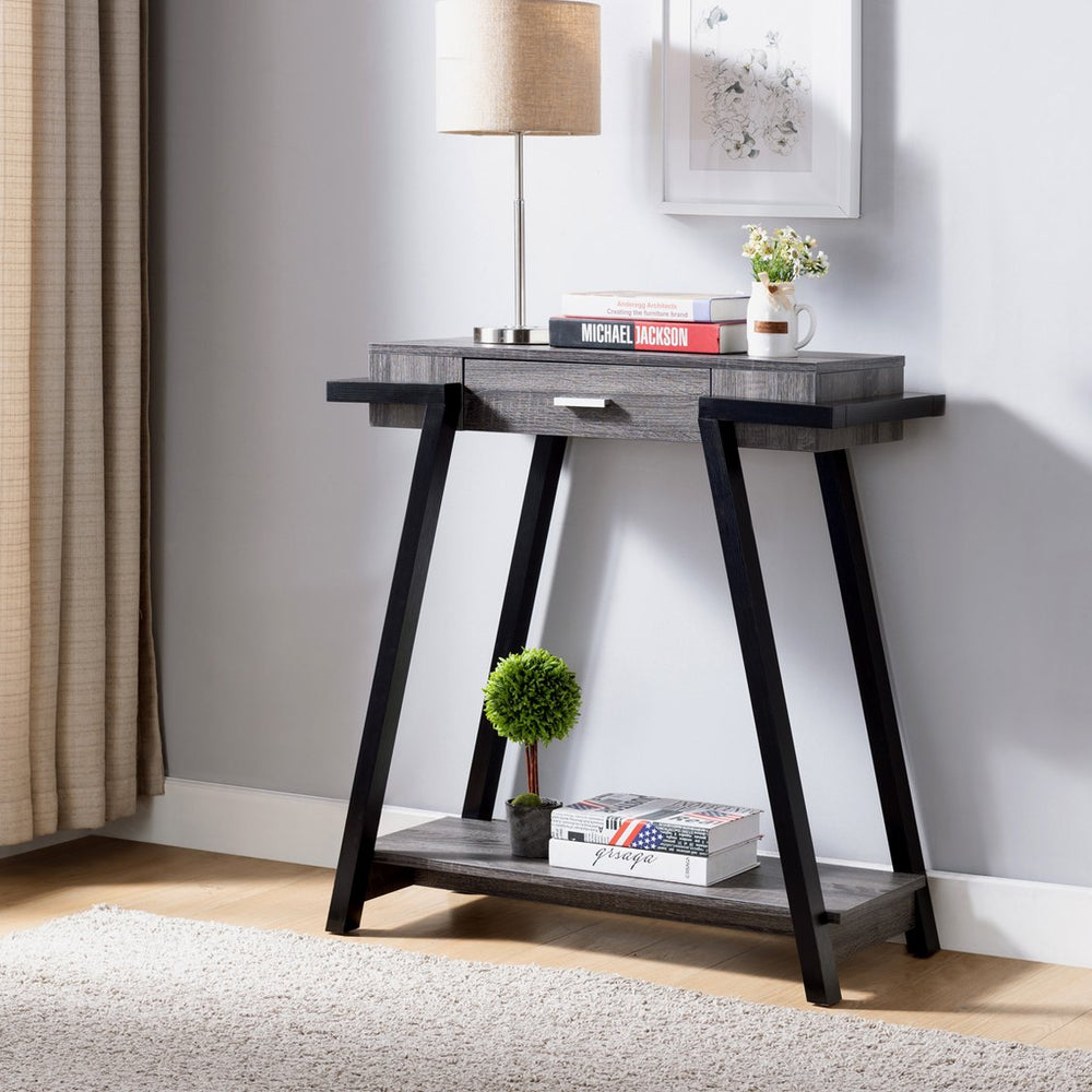 English Elm Modern Hallway Console Table with Drawer & Lower Shelf, Distressed Grey Black Two-Tone Accent Piece B107130875