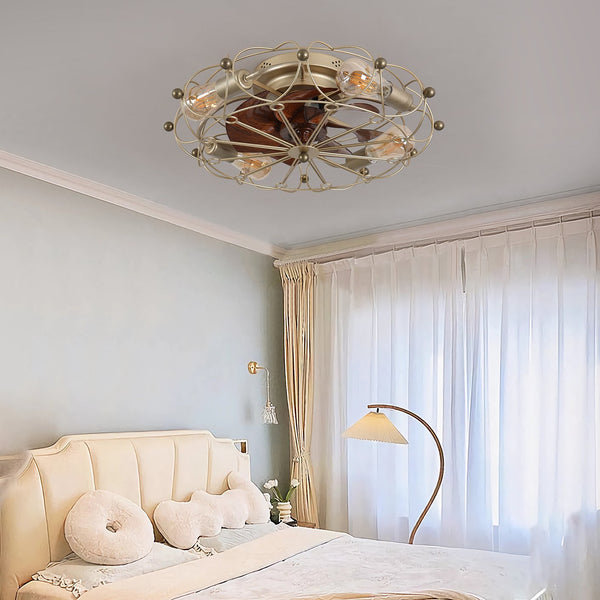 English Elm Low Profile Caged Ceiling Fan Compact 20" 7-Blade Industrial Design with Light Kit & Remote, 6-Speed Reversible Gold W1340120489