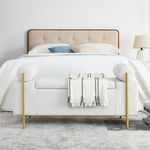 English Elm Elegant Linen Upholstered Storage Bench with Rolled Arms and Gold Iron Legs White W487128010
