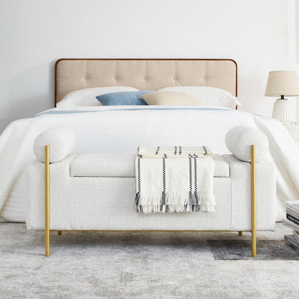 English Elm Elegant Linen Upholstered Storage Bench with Rolled Arms and Gold Iron Legs White W487128010