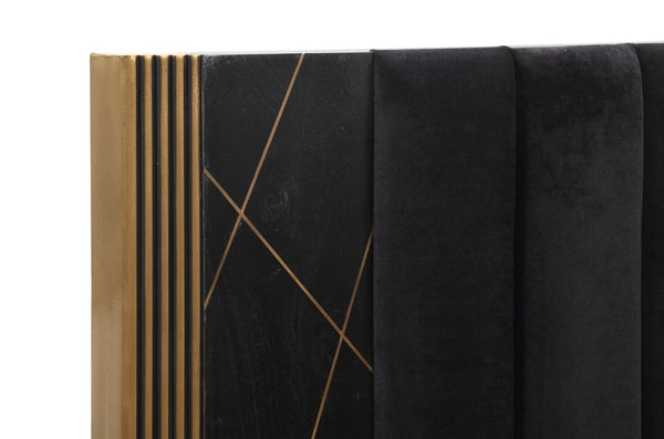 English Elm Modern Queen Bed In Solid Mango Wood With Artisan Brass Accents - Elegant Black Finish, Durable Design B009S01017