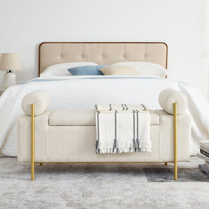 English Elm Elegant Linen Upholstered Storage Bench with Rolled Arms and Gold Iron Legs Beige W487128011