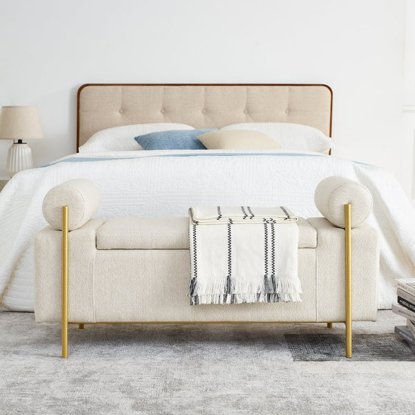 English Elm Elegant Linen Upholstered Storage Bench with Rolled Arms and Gold Iron Legs Beige W487128011