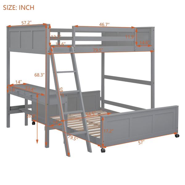 English Elm Full Over Kids Bunk Bed with Built in Study Desk and Two Storage Drawers Gray LT001006AAE-1