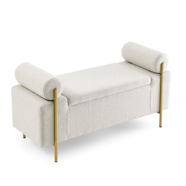 English Elm Elegant Linen Upholstered Storage Bench with Rolled Arms and Gold Iron Legs Beige W487128011