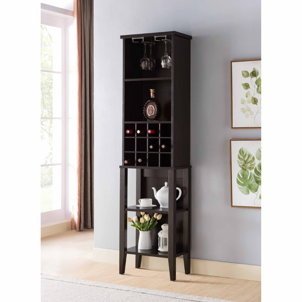 English Elm Wooden Espresso Floor Wine Rack with Glass Holders Four Shelves and Bottle Storage B107P239126