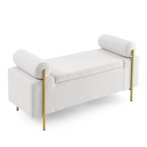 English Elm Elegant Linen Upholstered Storage Bench with Rolled Arms and Gold Iron Legs White W487128010
