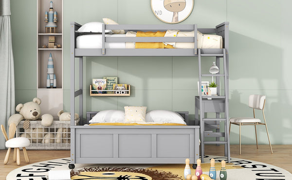 English Elm Twin Over Full Bunk Bed with Built-in Desk and Storage Drawers for Kids Rooms Gray LT001005AAE