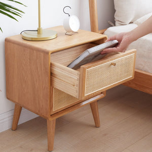 English Elm Pure Solid Red Oak Nightstand with Rattan Drawer and Raised Legs for Bedroom W1283121839
