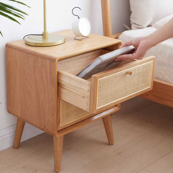 English Elm Pure Solid Red Oak Nightstand with Rattan Drawer and Raised Legs for Bedroom W1283121839