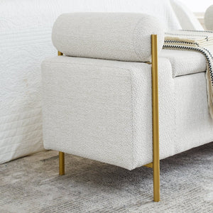 English Elm Elegant Linen Upholstered Storage Bench with Rolled Arms and Gold Iron Legs White W487128010