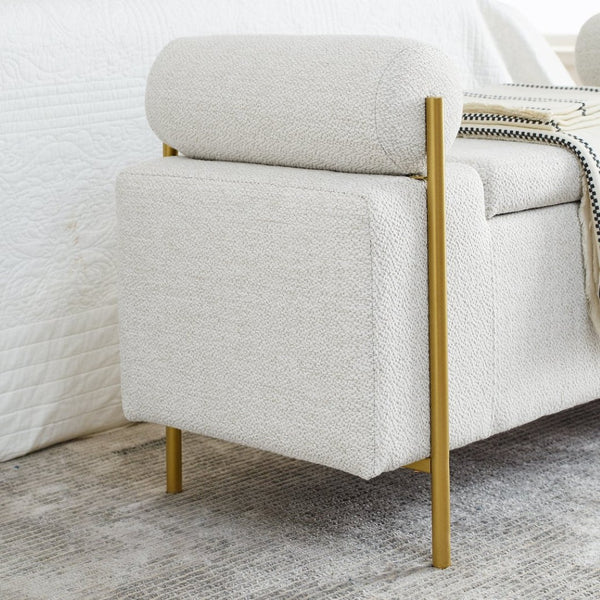 English Elm Elegant Linen Upholstered Storage Bench with Rolled Arms and Gold Iron Legs White W487128010