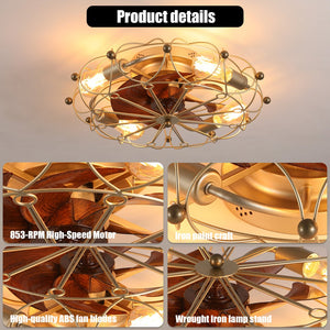 English Elm Low Profile Caged Ceiling Fan Compact 20" 7-Blade Industrial Design with Light Kit & Remote, 6-Speed Reversible Gold W1340120489