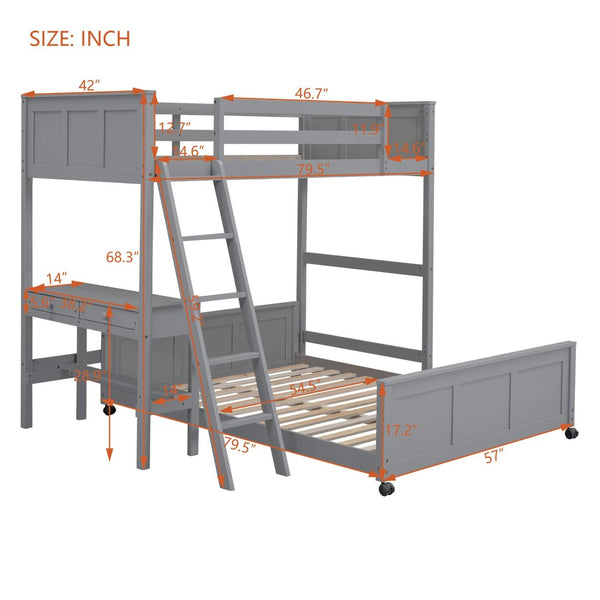 English Elm Twin Over Full Bunk Bed with Built-in Desk and Storage Drawers for Kids Rooms Gray LT001005AAE