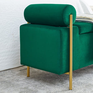 English Elm Elegant Linen Upholstered Storage Bench with Rolled Arms and Gold Iron Legs Green W487128012