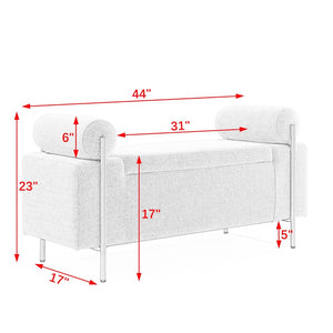 English Elm Elegant Linen Upholstered Storage Bench with Rolled Arms and Gold Iron Legs Beige W487128011