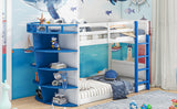 Hearth and Haven Hester Twin over Twin Boat-Like Shape Bunk Bed with Storage Shelves, White and Blue GX000348AAC