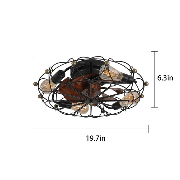 English Elm Low Profile Industrial Cage Ceiling Fan with Remote Seven Blades and Integrated Light W1340120487