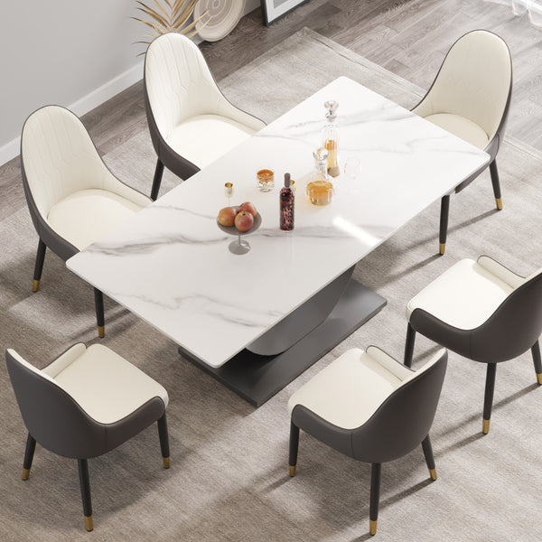 English Elm 70.87" Modern Crescent-Shaped Dining Table With White Stone Top & Black Stainless Steel Legs, Seats 6-8 W1535S00267