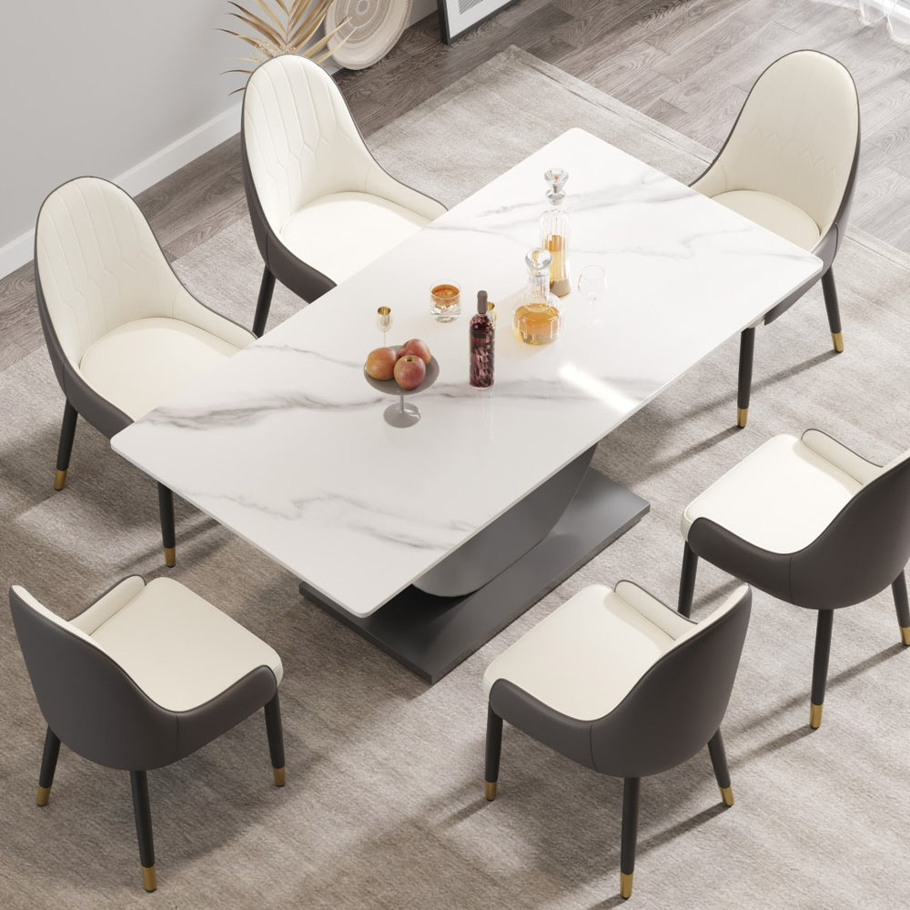 English Elm 70.87" Sintered Stone Dining Table Crescent Steel Base Seats 8 Modern White Top W1535S00620