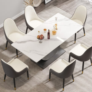 English Elm 70.87" Sintered Stone Dining Table Crescent Steel Base Seats 8 Modern White Top W1535S00620