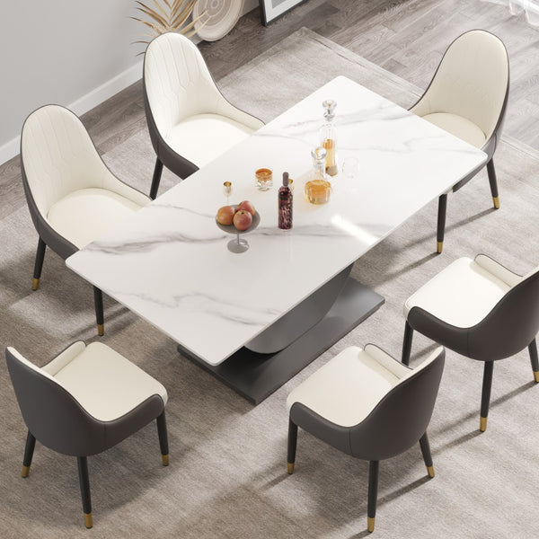 English Elm 70.87" Sintered Stone Dining Table Crescent Steel Base Seats 8 Modern White Top W1535S00620