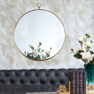 English Elm 30"x34" Gold Iron Round Wall Mirror Sculptural Ring Frame Glam Vanity Bedroom Accent W2078126763