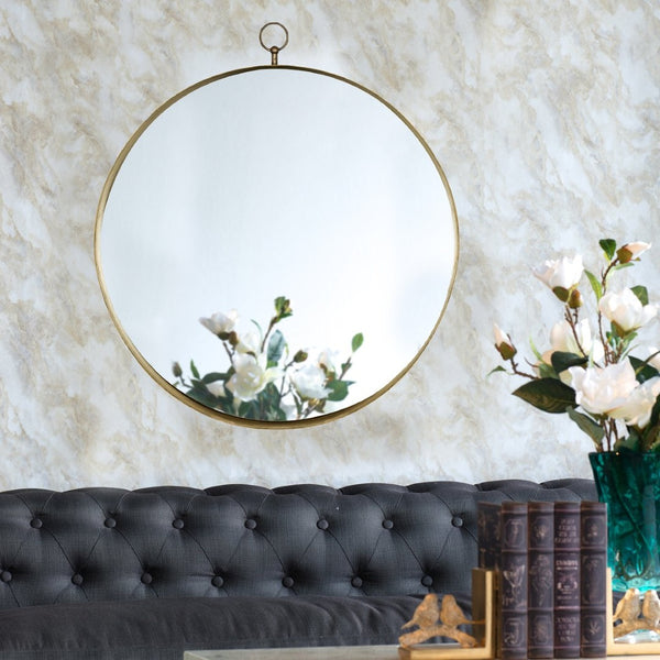 English Elm 30"x34" Gold Iron Round Wall Mirror Sculptural Ring Frame Glam Vanity Bedroom Accent W2078126763