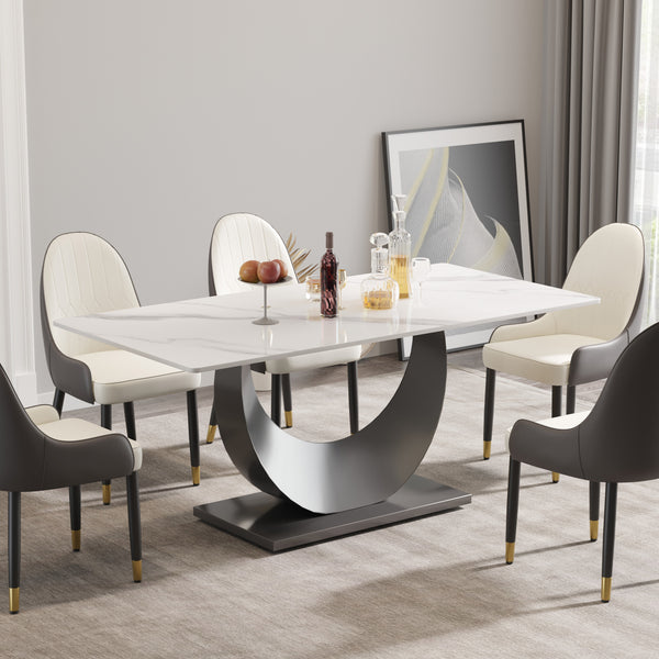 English Elm 70.87" Modern Crescent-Shaped Dining Table With White Stone Top & Black Stainless Steel Legs, Seats 6-8 W1535S00267