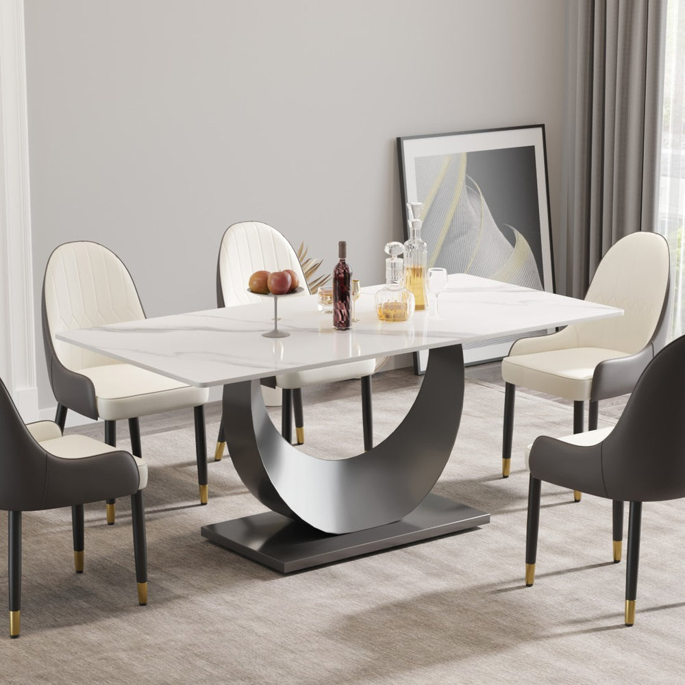 English Elm 70.87" Sintered Stone Dining Table Crescent Steel Base Seats 8 Modern White Top W1535S00620