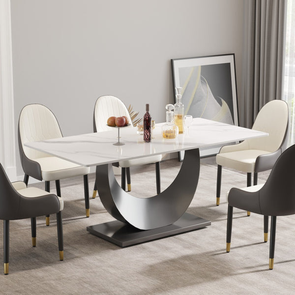 English Elm 70.87" Sintered Stone Dining Table Crescent Steel Base Seats 8 Modern White Top W1535S00620