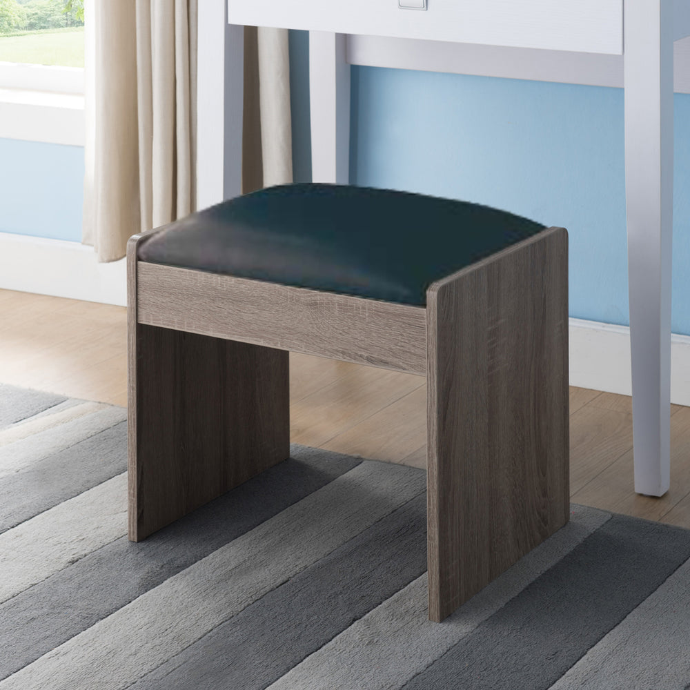 English Elm Vanity Dark Brown Cushioned Stool with Vinyl Seat, Easy-Clean Black Cushion, Taupe Legs Finish, Compact Design for Dressing Room Comfort and Style B107131432