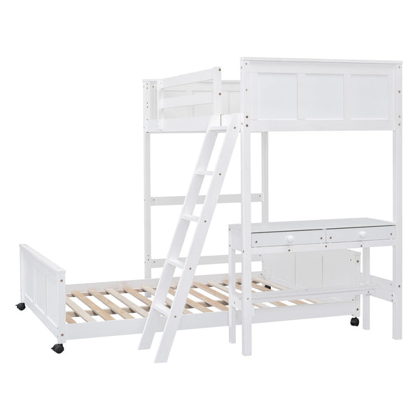 English Elm Twin Over Full Bunk Bed with Built-in Desk and Storage Drawers for Kids Rooms White LT001005AAK