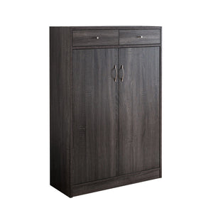 English Elm Shoe Cabinet Distressed Grey with Two Drawers & Doors, 5 Shelves Holds 15 Pairs, Compact Entryway Storage B107130828