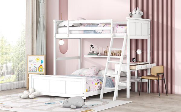 English Elm Twin Over Full Bunk Bed with Built-in Desk and Storage Drawers for Kids Rooms White LT001005AAK